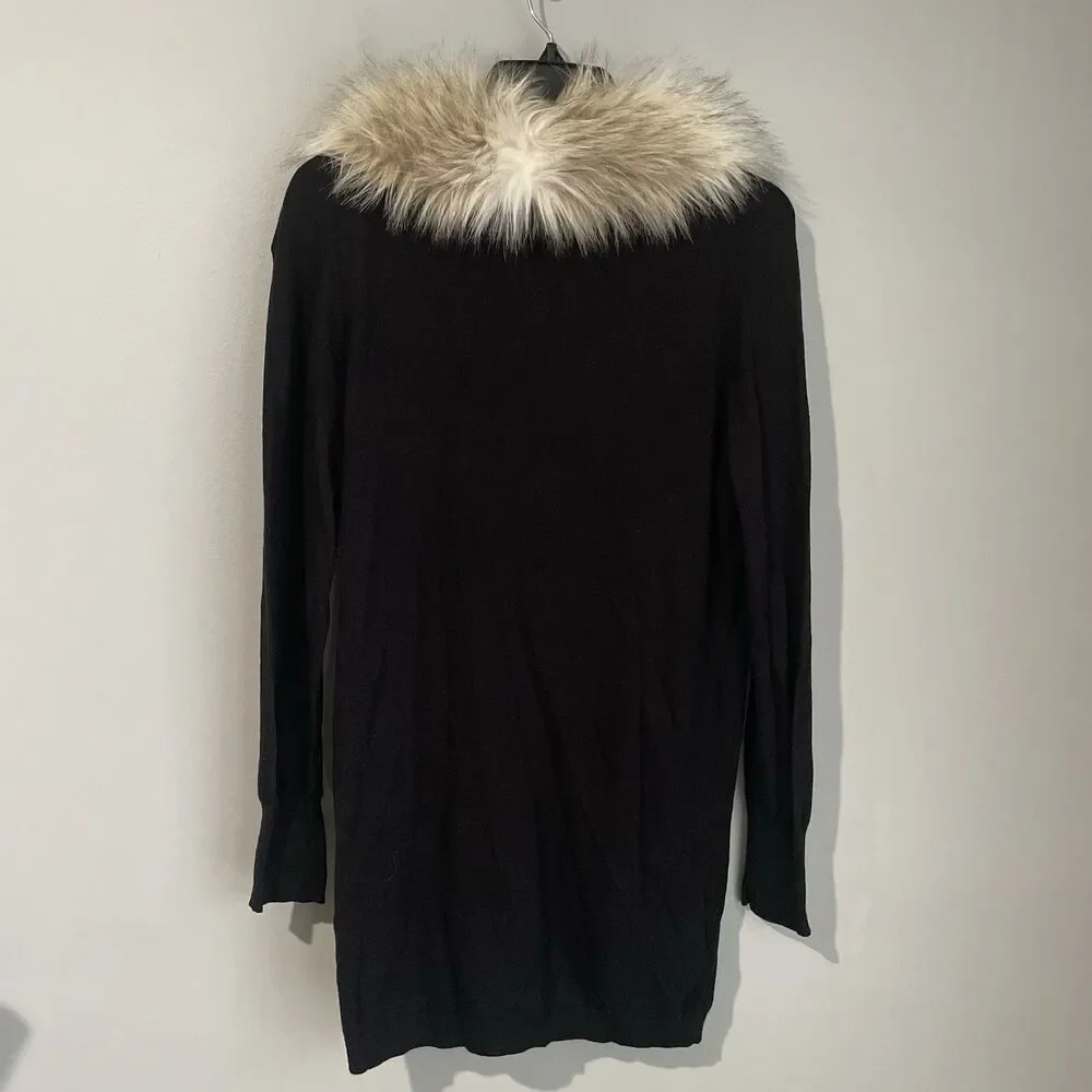 LOFT Faux Fur Collar Wool Blend Black Cardigan Size M Pockets Lightweight Button